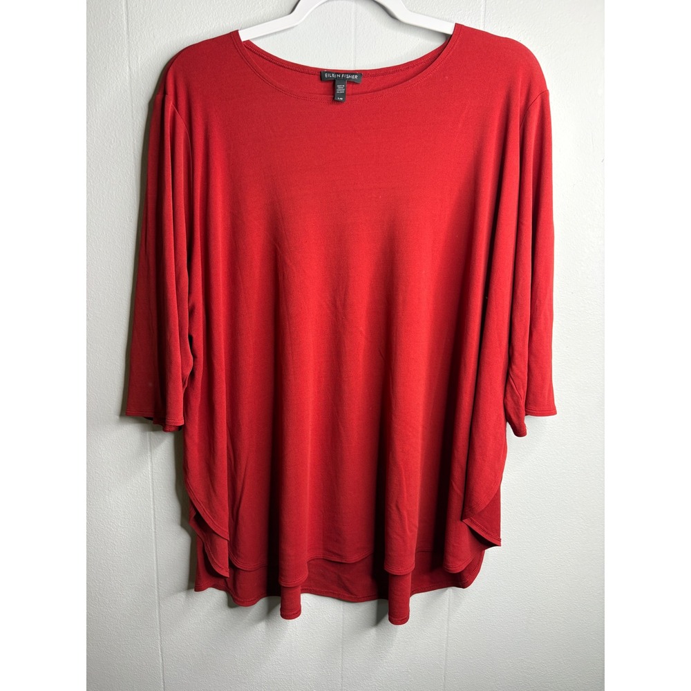 Eileen Fisher Red Boat Neck 3/4 Sleeve Layered‎ Hem Tunic Top Large L